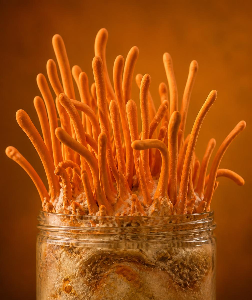Bright orange Cordyceps militaris fruiting bodies
