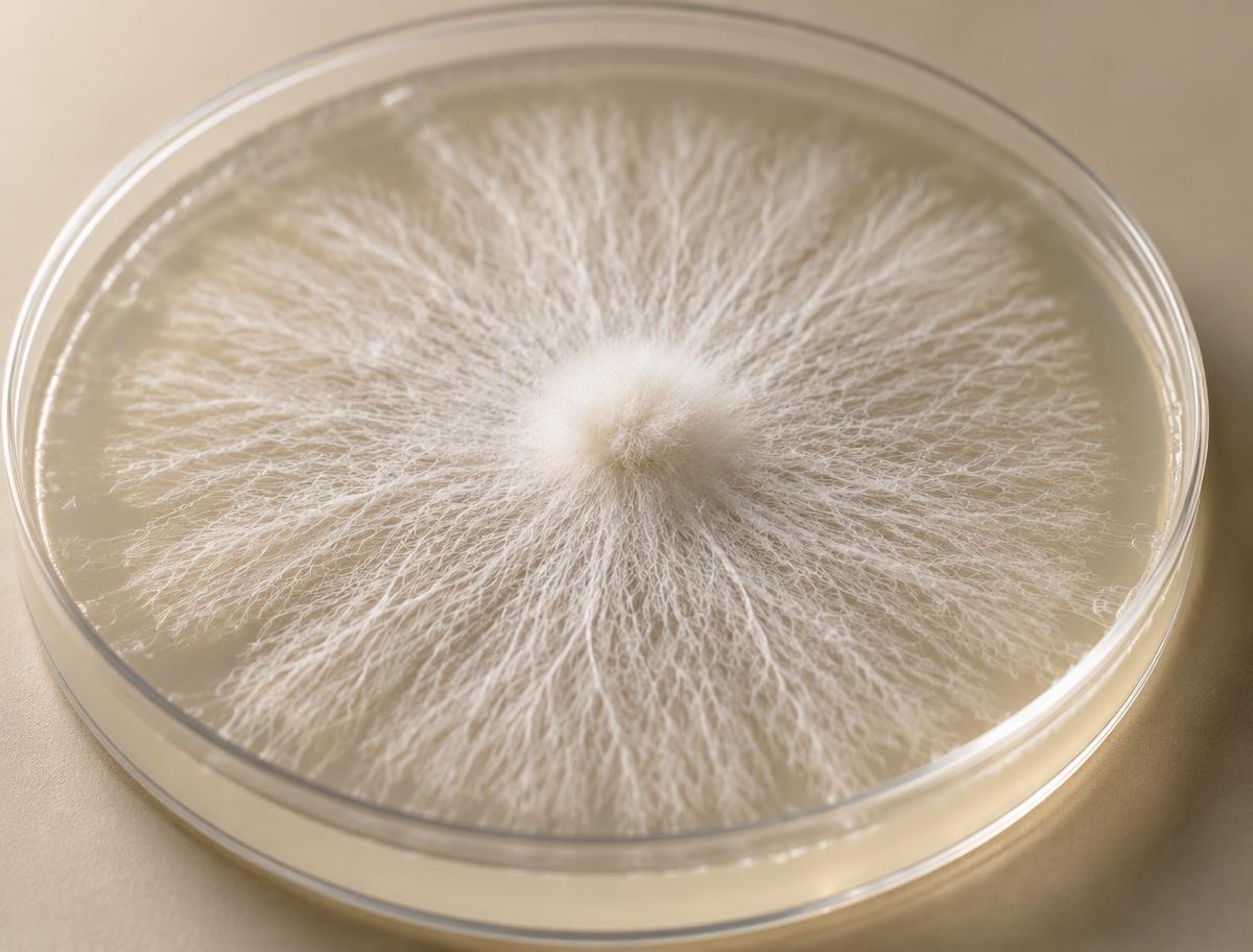 Close-up of mycelium growing radially across an agar plate