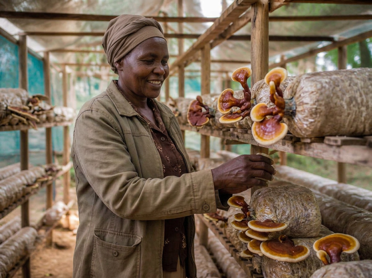 Smiling Kenyan woman smallholder farmer tending Reishi mushrooms growing from cultivation bags in a simple shed