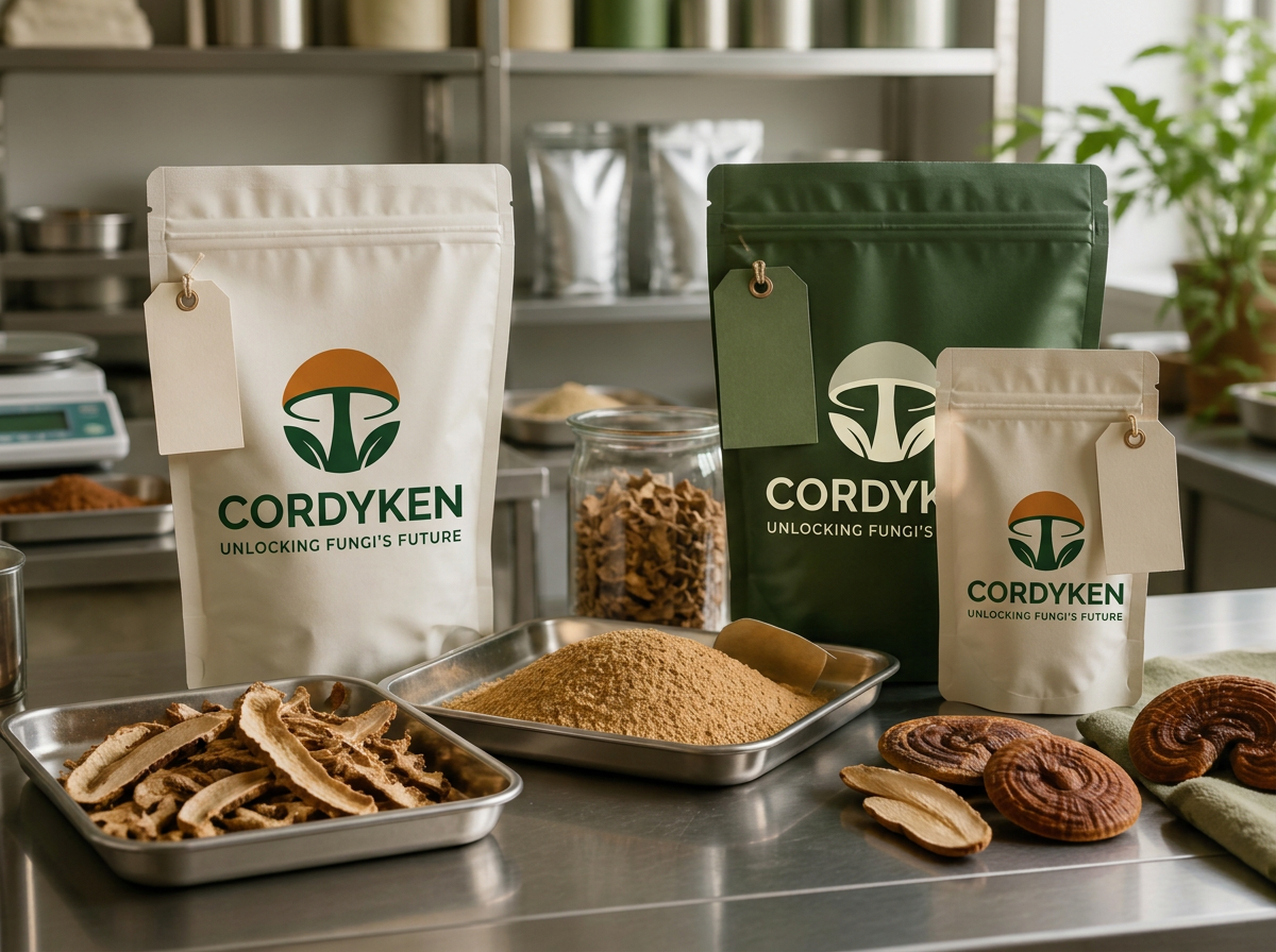 Dried mushroom slices and mushroom powder in clean neutral packaging
