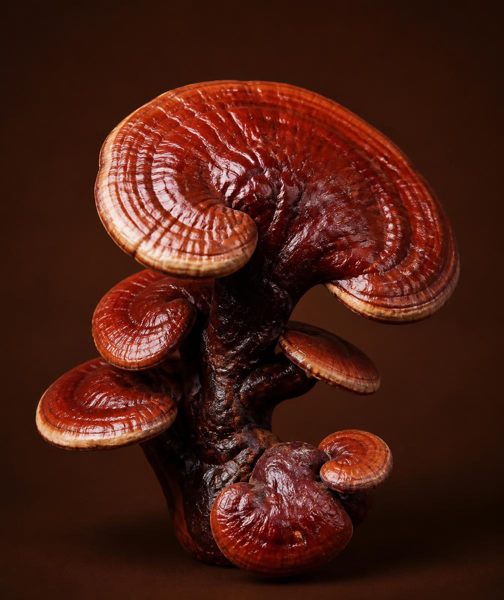 Glossy red-brown Reishi mushroom caps